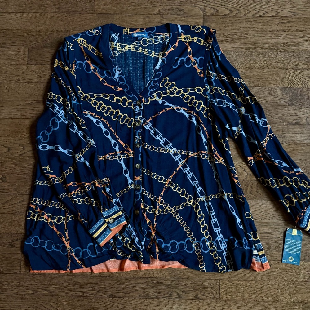 Democracy Navy Blouse with Gold and Light Blue Chain Print